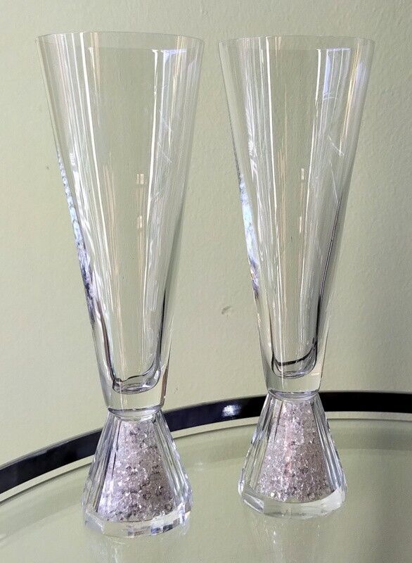 Set of (2) OLEG CASSINI Glitter Champagne Wedding Flutes w/ Clear Diamonds - $24.40