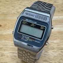 VTG Nelsonic Quartz Watch Men Silver Barrel Melody LCD Digital ~For Part... - £44.63 GBP