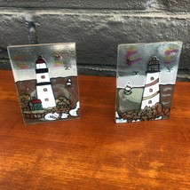 x2 Lighthouse by Ocean Painted Glass Tea Light Candle Holders 3&quot; x 4&quot; Vintage - £23.86 GBP