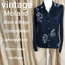 Vintage Mciland Black &amp; Beige Embroidered Lightweight Button Cardigan Si... - £17.25 GBP