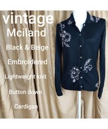Vintage Mciland Black &amp; Beige Embroidered Lightweight Button Cardigan Si... - £17.29 GBP
