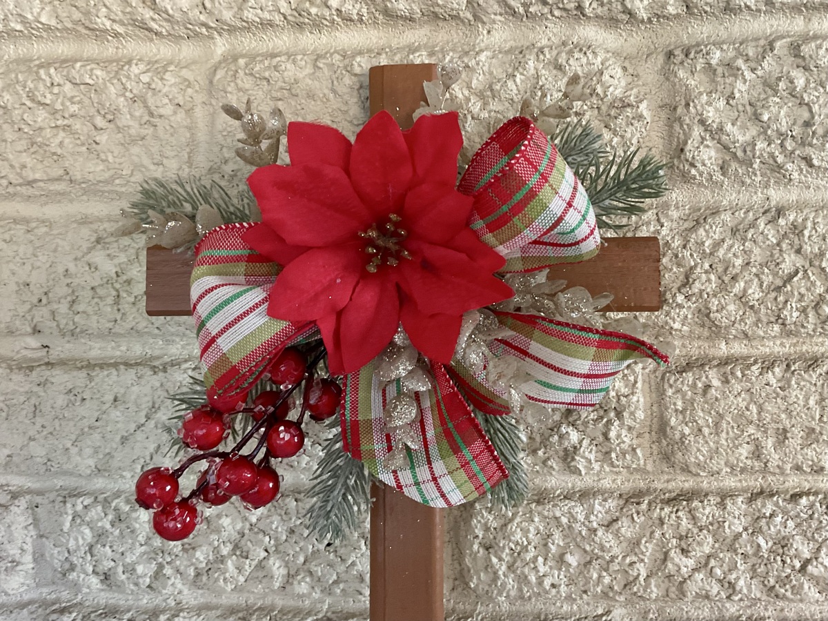 Christmas Cemetery Cross: Red  poinsettia grave flowers, Winter Grave  - $26.00