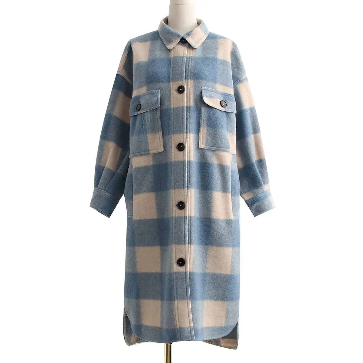 Korean fashion trench coat  fall jacket blue plaid tweed jackets streetw... - £312.49 GBP