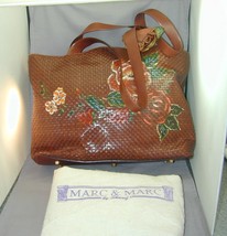 Mar&amp;Marc By Sharif Hand Painted Woven Brown Leather Tote Handbag Flowers... - £55.94 GBP