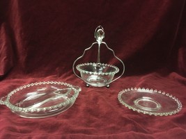 Vintage Candlewick Glass Dish Set Beaded Rim Relish Bowl Sugar Bowl Plate - £62.31 GBP