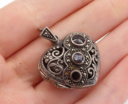 925 Silver - Vintage Black Onyx &amp; Marcasite Heart Locket Pendant (OPENS)- PT4434 - £38.08 GBP