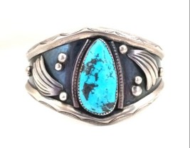 Native American Turquoise Shadowbox Oxidized Sterling Silver Bracelet Cuff - £302.96 GBP