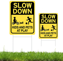 Slow down Sign with Metal Stake, Kids and Pets at Play Sign, 16&quot; X 12&quot; Corrugate - £15.36 GBP