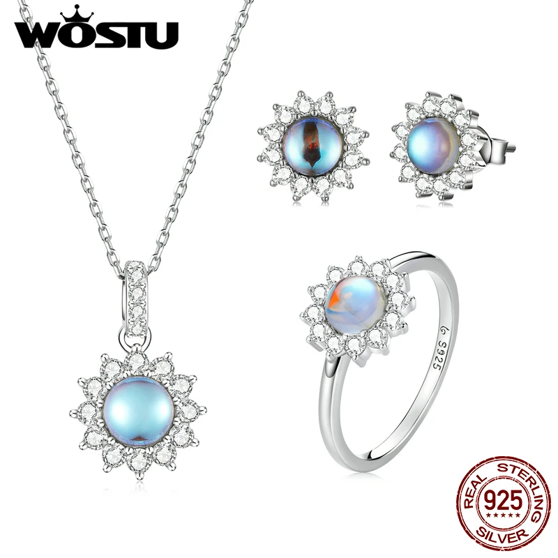925 Sterling Silver Rainbow Moonstone Sunflower Set s925 Wedding Necklace Earrin - $51.01