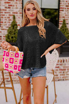 Black Pointelle Knit Scallop Edge Short Sleeve Top - $259.27 MXN