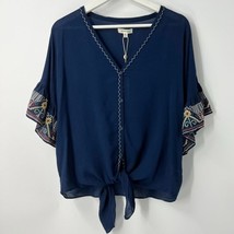 Boho Blouse Medium MAX Studio Short Sleeve Navy Blue Embroidered Tie Front - $37.62