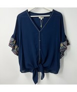 Boho Blouse Medium MAX Studio Short Sleeve Navy Blue Embroidered Tie Front - £30.03 GBP