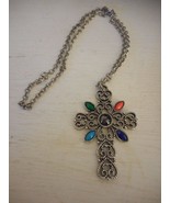 Vtg 1976 Avon Estate silver tone necklace pendant cabochon Romanesque Cross - $10.00