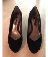 Liz &amp; Co Women&#39;s Shoes Franci Black Suede Open Toe Faux Croc Heel Size 6... - $452.37 MXN