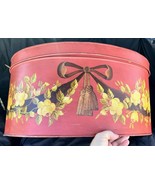 Large Metal Hand Painted Tole Covered Bin Oval Box Removal Lid Yellow Ro... - $262.98 CAD