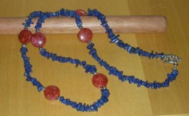 BEAUTIFUL GENUINE LAPIS LAZULI AND CORAL NECKLACE W/MATCHING SOLD - £35.65 GBP
