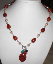  Genuine Natural Red Spongy Coral and FW Pearls Necklace - £37.12 GBP