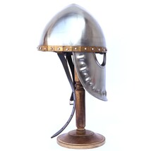 Brass Trim Italo-Norman Medieval Helmet W/ Leather Liner & Wooden Display Stand image 3