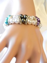 New Multi Colored Beads Stretch Rhinestones  Faux Pearl  Bracelet  - £3.93 GBP