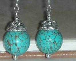 Sterling Silver Genuine 40ctw  Round Turquoise Earrings - £15.92 GBP