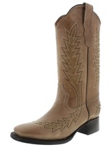 Womens Sand Western Cowboy Boots Gold Studded Embroidered Square Toe Size 9, 9.5 - £64.72 GBP