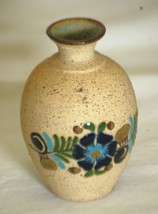 Folk Art Sandstone Mexican Pottery Vase Cobalt Floral Signed RS Mexico - $16.82