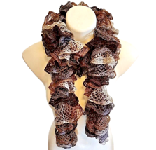 Sparkly Handmade Knit Curly Ruffle Scarf Brown Gray Muffler Neck Warmer 62&quot; - $18.69