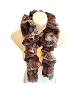 Sparkly Handmade Knit Curly Ruffle Scarf Brown Gray Muffler Neck Warmer 62&quot; - £14.89 GBP