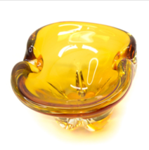 Vintage Orange Yellow Amber Art Glass Folded Edge Candy Dish Bowl Heavy 6&quot; - £27.67 GBP