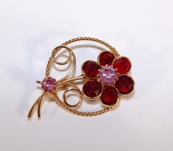 Vintage Round Gold Rhinestone Flower Pin Pink &amp; Red Rhinestones Prong Set - £5.17 GBP