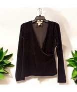 Y2K Vintage Top Black Casual Corner Velvet Draped Plunge Wrap Neck Long ... - $40.70 CAD