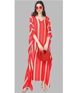 Indian Printed Feather Red - White Maxi Kaftan Dress Women Nightwear - $29.70