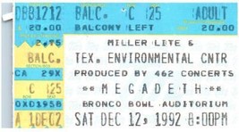 Vintage Megadeth Ticket Stub December 12 1992 Dallas Texas Bronco Bowl - $49.34