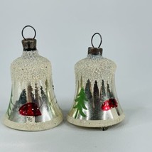 2 Vtg Hand Painted Mercury Glass Bell Ornaments Mica w/ Trees, Mushrooms 2&quot; Tall - £18.81 GBP