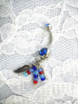 STERLING SILVER FEATHER &amp; SEED BEAD TASSLES 14g DEEP BLUE CZ BELLY RING ... - £9.37 GBP
