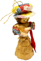 Rare Vintage Handmade Corn Husk Doll Ornament Lady with Purse Christmas 4.5&quot; - £15.42 GBP