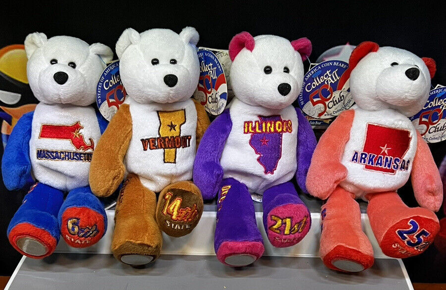 Limited Treasures Coin Bears; 4 State Quarter Bears Pre-Owned With Tags & Coins - $34.48