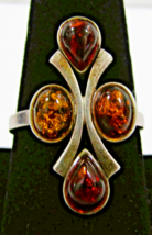 Vintage Sterling Silver Quadruple Orange Amber Cluster Ring Size 9 - $98.01