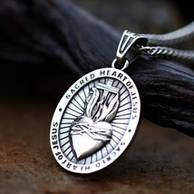 Men Silver Sacred Heart of Jesus Pendant Lord&#39;s Prayer Necklace Stainles... - £13.13 GBP