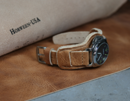 Horween leather watch strap, 18-24mm Brown cuff watchband, Bund strap, H... - $120.00