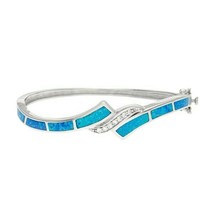 Sterling Silver Blue Inlay Opal with Clear CZ Wavy Bangle Bracelet - £183.36 GBP