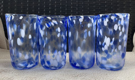 Handblown Blue &amp; White Confetti Drinking Water Glasses Tumblers 6” Tall Set of 4 - £41.78 GBP