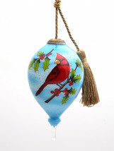 Red Cardinal on Christmas Holly Branches Hand Painted Mouth Blown Glass Ornament - $71.49