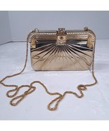 Vintage Gold tone Metal Purse Clutch Hard clamshell burst Shoulder Eveni... - $42.10 CAD