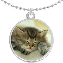 Napping Kitty Cat Round Pendant Necklace Beautiful Fashion Jewelry - £8.47 GBP