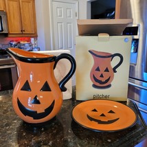 Ceramic Halloween Orange Pumpkin Jack-O-Lantern Pitcher w Box and Dessert Plate - £40.15 GBP