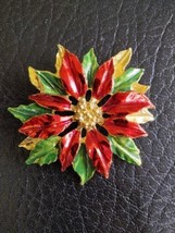 Vintage Christmas Poinsettia Enamel Red Green Gold Gerry’s Brooch - £11.92 GBP