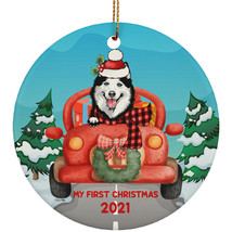 Funny Husky Dog Ride Car My First Christmas 2021 Pet Lover Circle Ornament - £15.46 GBP