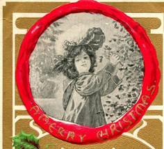 Vtg Unused Christmas Postcard A Merry Christmas Gilt Embossed Holly Wind... - $6.88