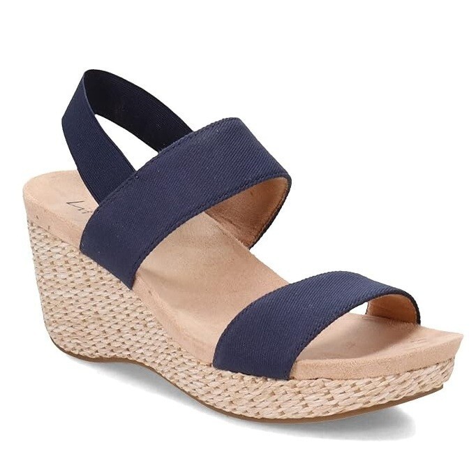 Life Stride Womens 9 M Navy Blue Canvas Strappy Wedge Heels Sandals NIB HA1 - $34.29